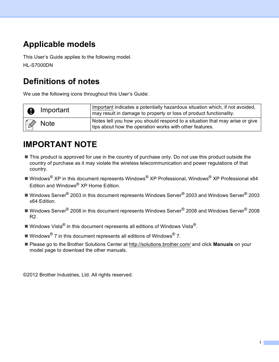 Applicable models, Definitions of notes, Important note | Important | Brother HL-S7000DN User Manual | Page 2 / 117