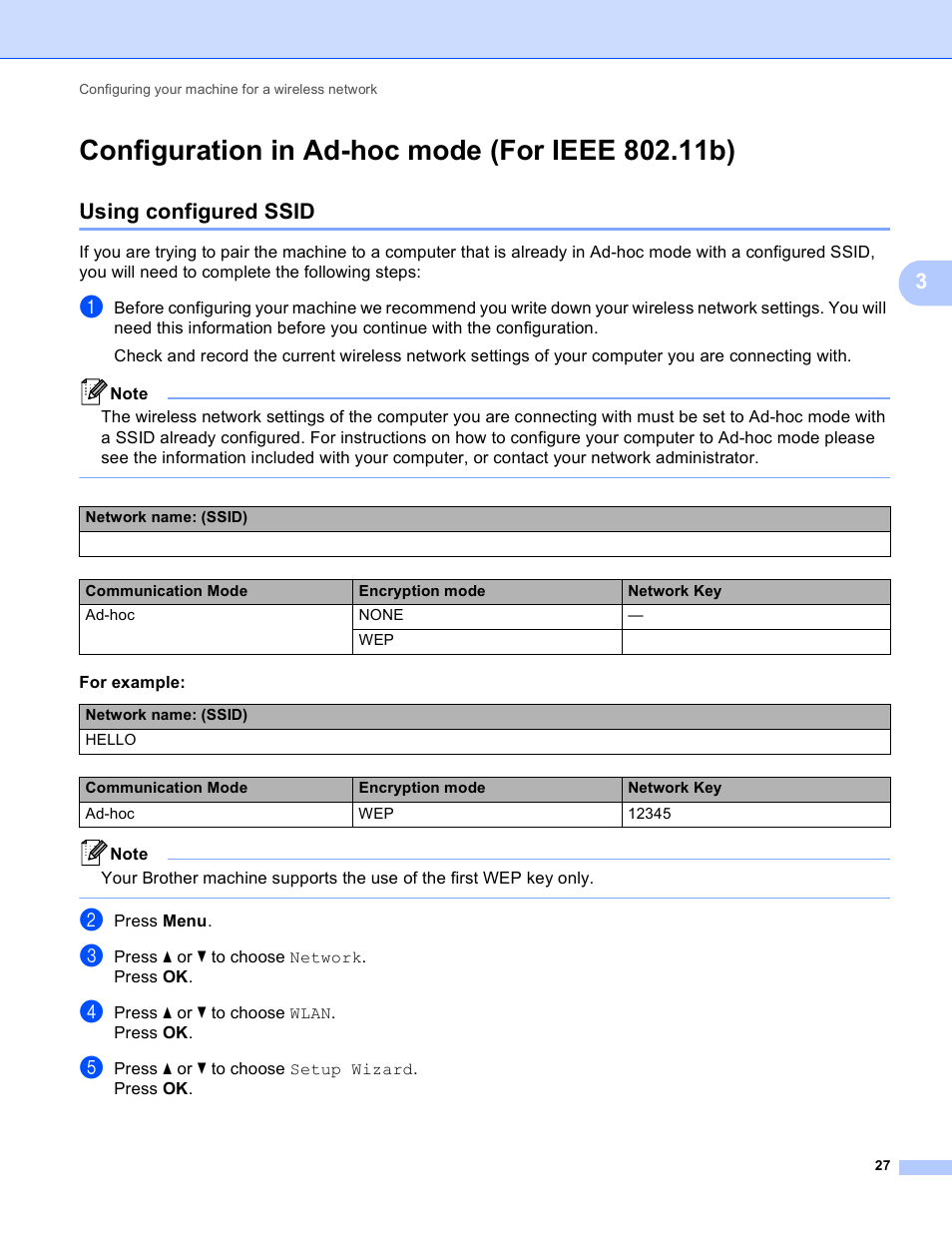 Configuration in ad-hoc mode (for ieee 802.11b), Using configured ssid, Configuration in ad-hoc mode (for ieee | Brother HL-S7000DN User Manual | Page 33 / 117