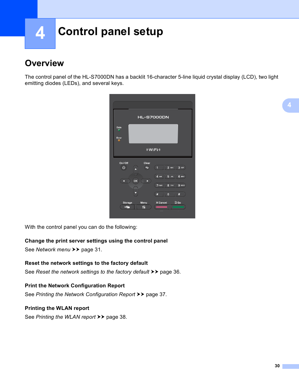 4 control panel setup, Overview, Control panel setup | Brother HL-S7000DN User Manual | Page 36 / 117