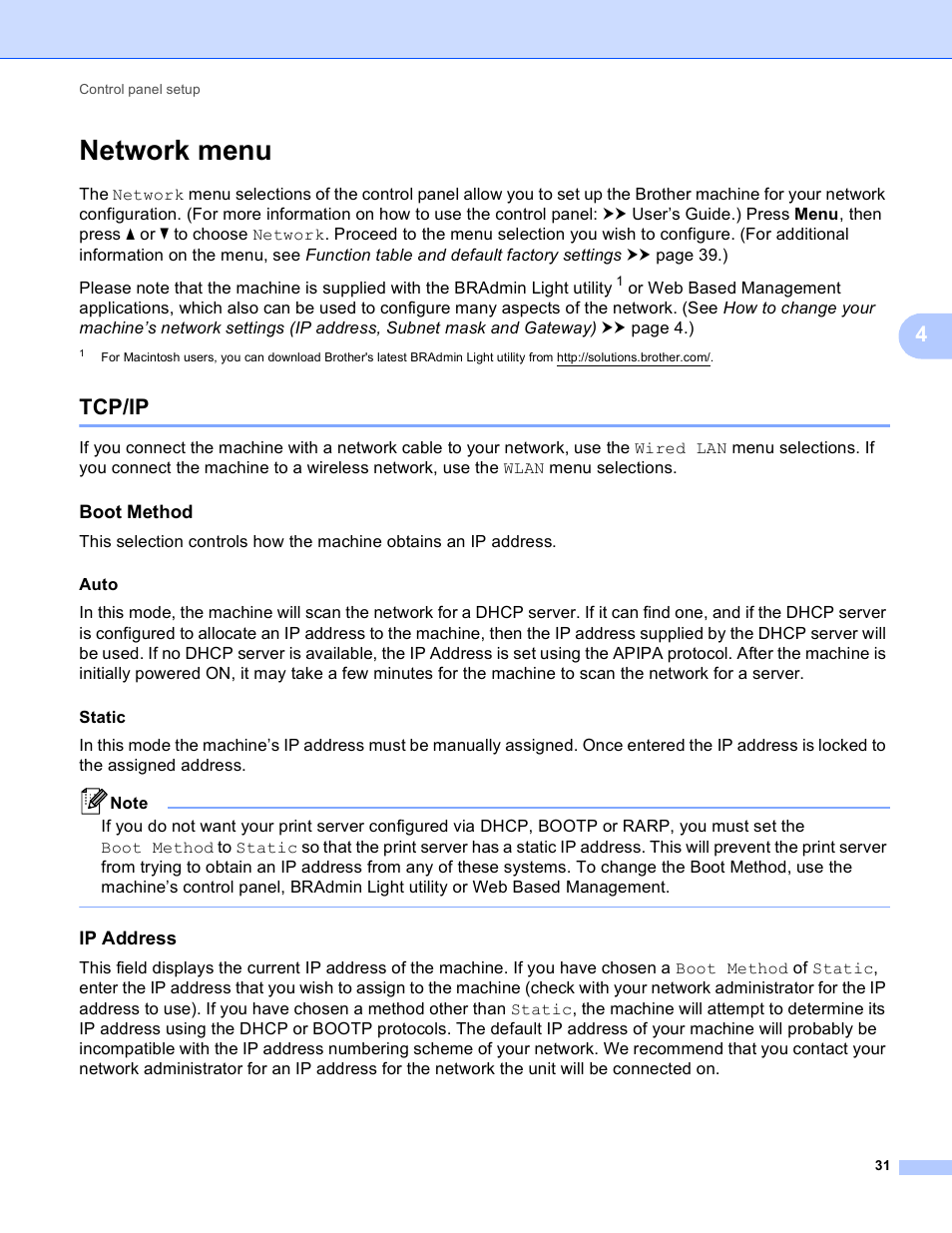 Network menu, Tcp/ip, Boot method | Ip address | Brother HL-S7000DN User Manual | Page 37 / 117