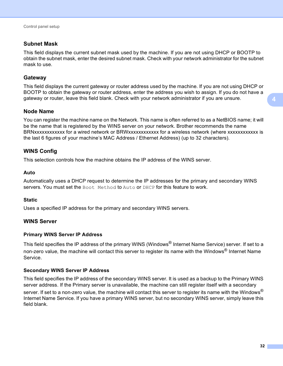 Subnet mask, Gateway, Node name | Wins config, Wins server | Brother HL-S7000DN User Manual | Page 38 / 117