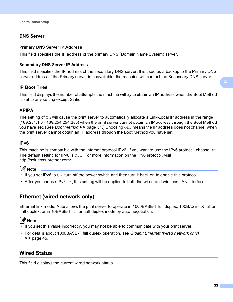 Dns server, Ip boot tries, Apipa | Ipv6, Ethernet (wired network only), Wired status, Ethernet (wired network only) wired status | Brother HL-S7000DN User Manual | Page 39 / 117