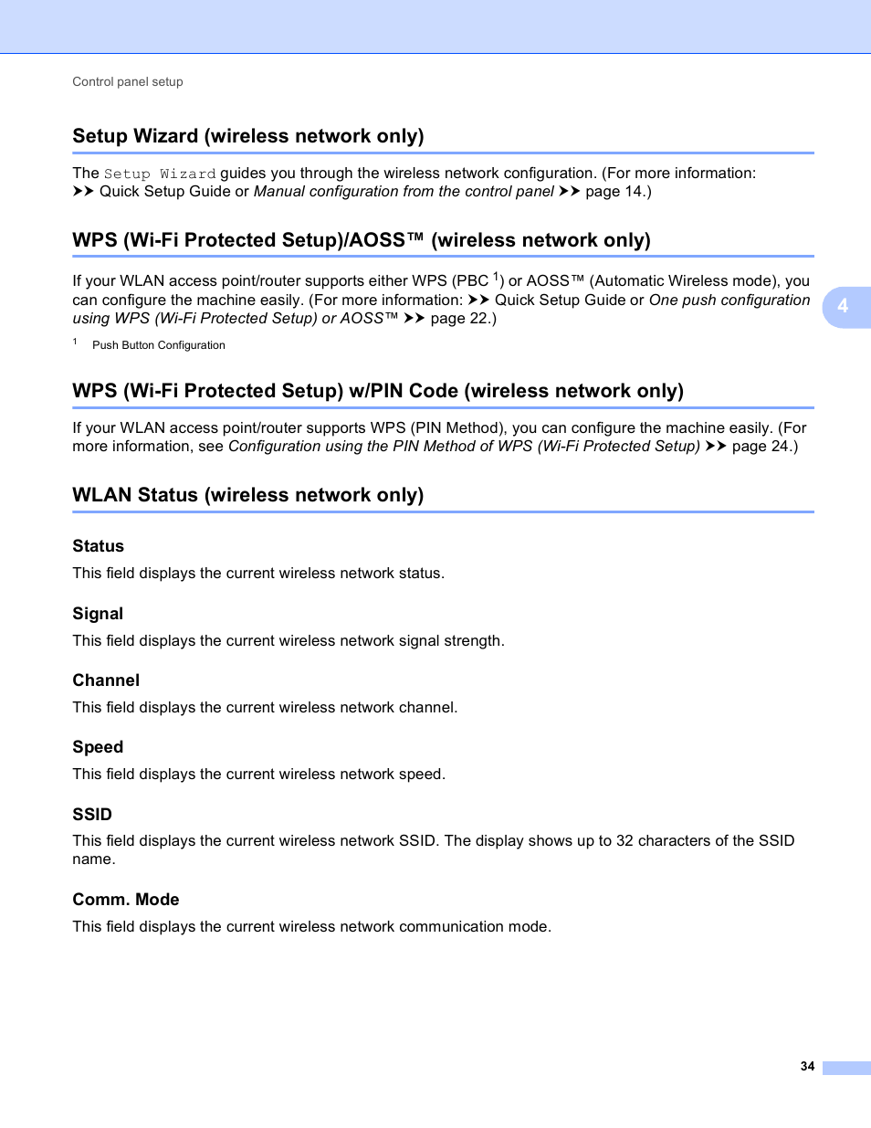 Setup wizard (wireless network only), Wlan status (wireless network only), Status | Signal, Channel, Speed, Ssid, Comm. mode, 4setup wizard (wireless network only) | Brother HL-S7000DN User Manual | Page 40 / 117