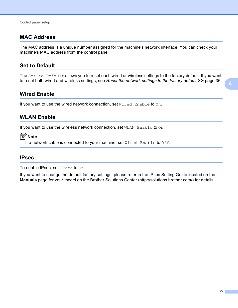 Mac address, Set to default, Wired enable | Wlan enable, Ipsec, Mac address set to default, Wired enable wlan enable ipsec, 4mac address | Brother HL-S7000DN User Manual | Page 41 / 117