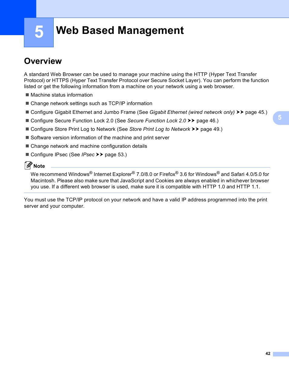 5 web based management, Overview, Web based management | Brother HL-S7000DN User Manual | Page 48 / 117