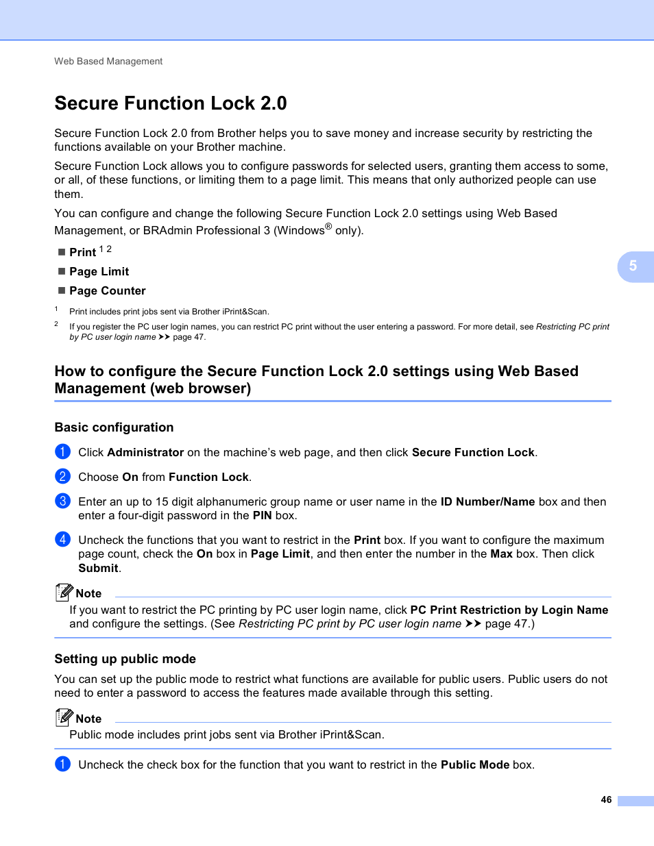 Secure function lock 2.0, Basic configuration, Setting up public mode | Web browser) | Brother HL-S7000DN User Manual | Page 52 / 117