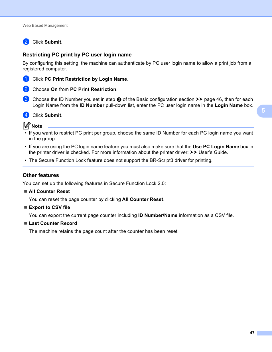 Restricting pc print by pc user login name, Other features | Brother HL-S7000DN User Manual | Page 53 / 117