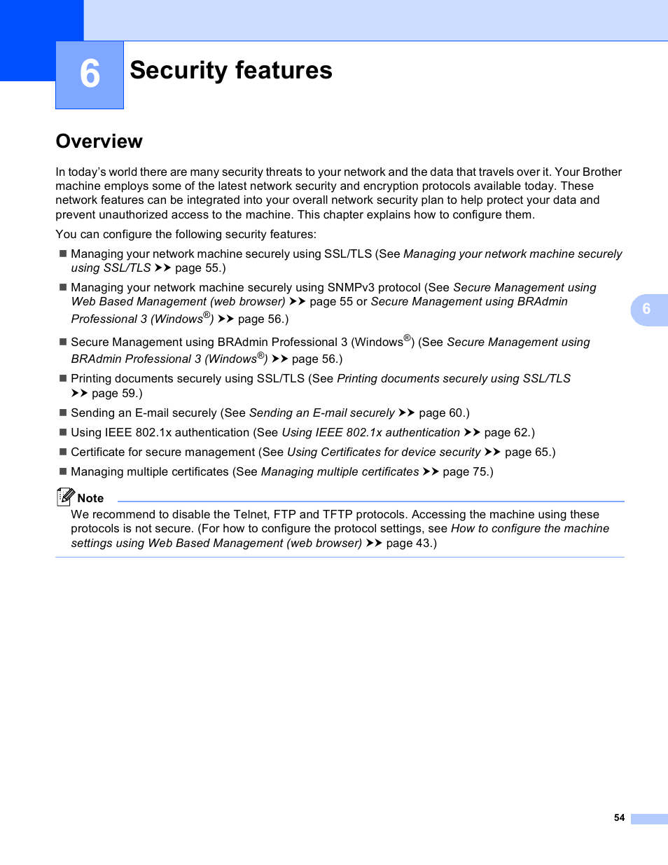 6 security features, Overview, Security features | Brother HL-S7000DN User Manual | Page 60 / 117