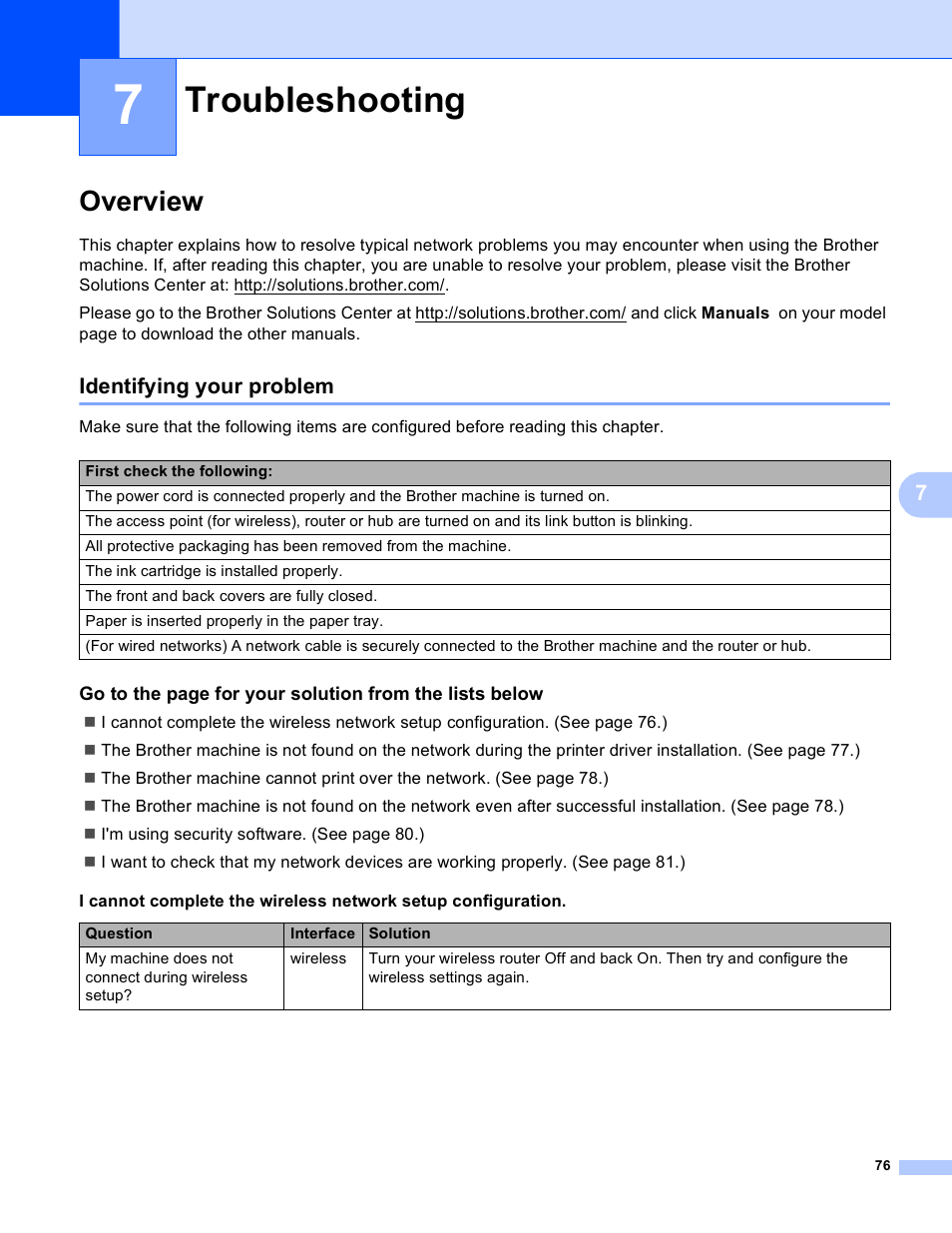 7 troubleshooting, Overview, Identifying your problem | Troubleshooting | Brother HL-S7000DN User Manual | Page 82 / 117