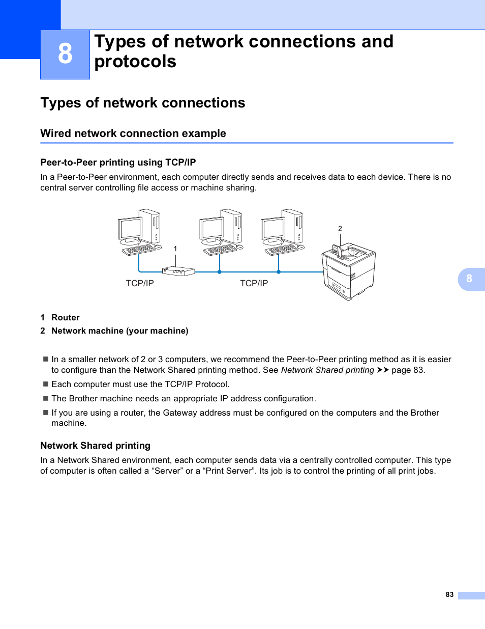 8 types of network connections and protocols, Types of network connections, Wired network connection example | Peer-to-peer printing using tcp/ip, Network shared printing, Types of network connections and protocols | Brother HL-S7000DN User Manual | Page 89 / 117