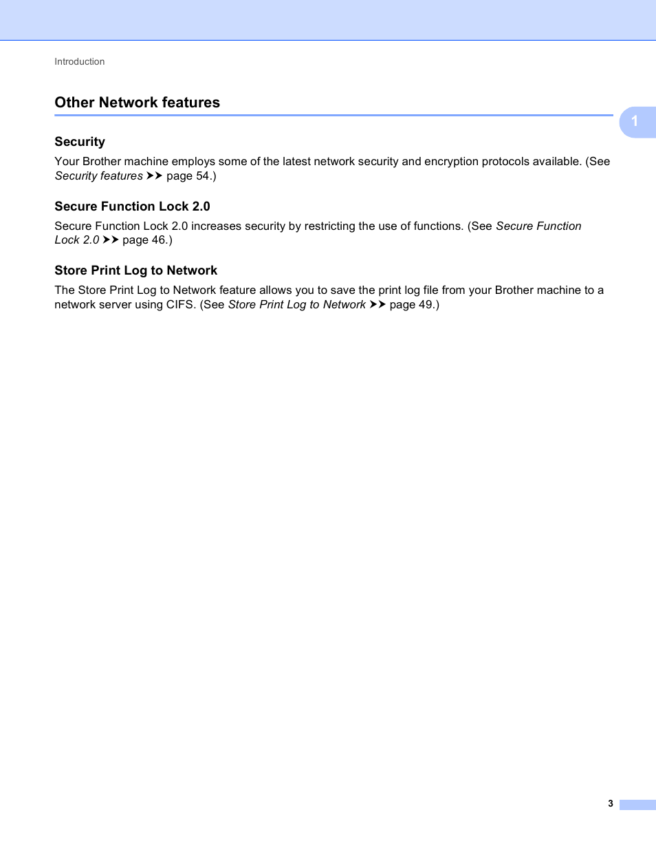 Other network features, Security, Secure function lock 2.0 | Store print log to network, 1other network features | Brother HL-S7000DN User Manual | Page 9 / 117