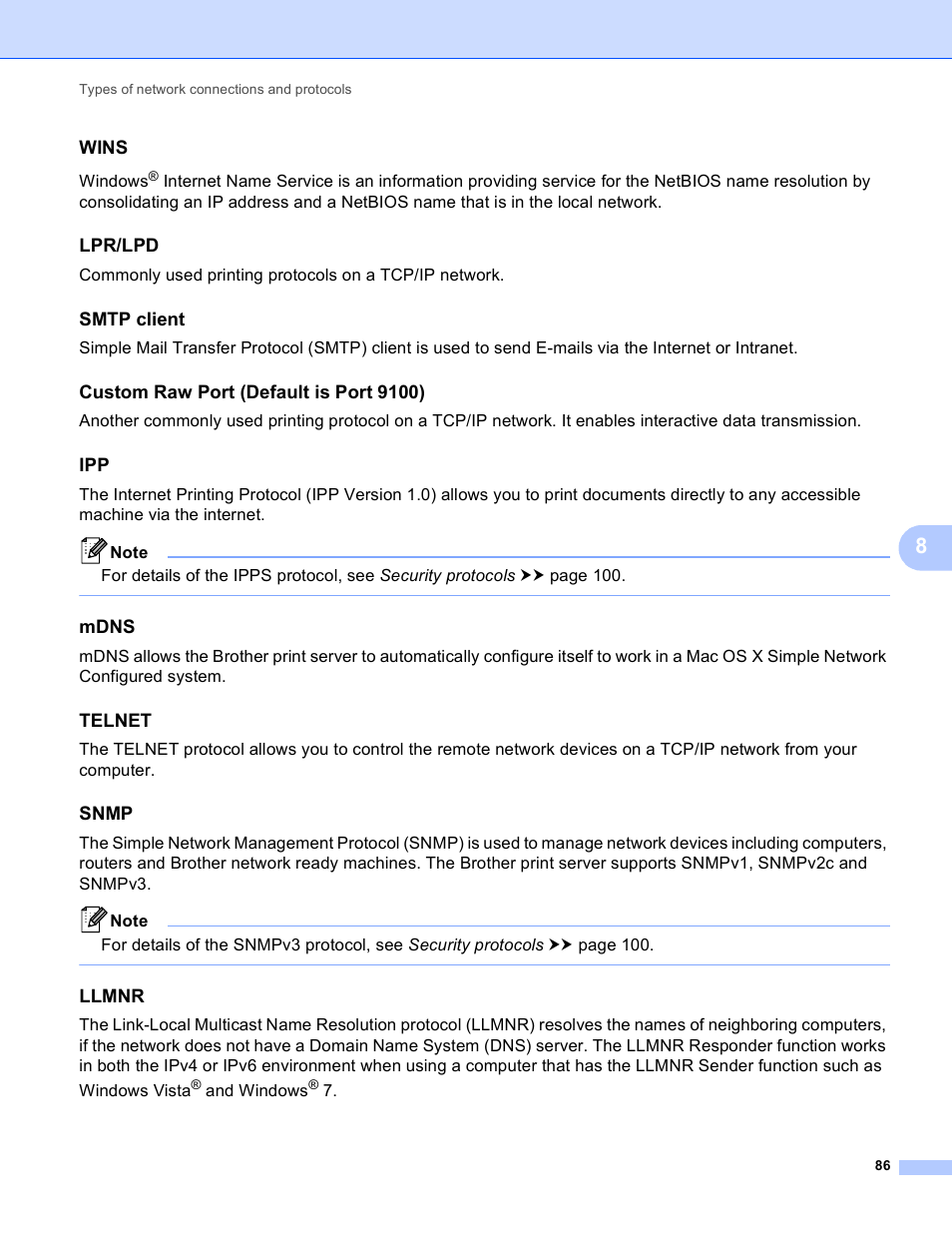 Wins, Lpr/lpd, Smtp client | Custom raw port (default is port 9100), Mdns, Telnet, Snmp, Llmnr | Brother HL-S7000DN User Manual | Page 92 / 117