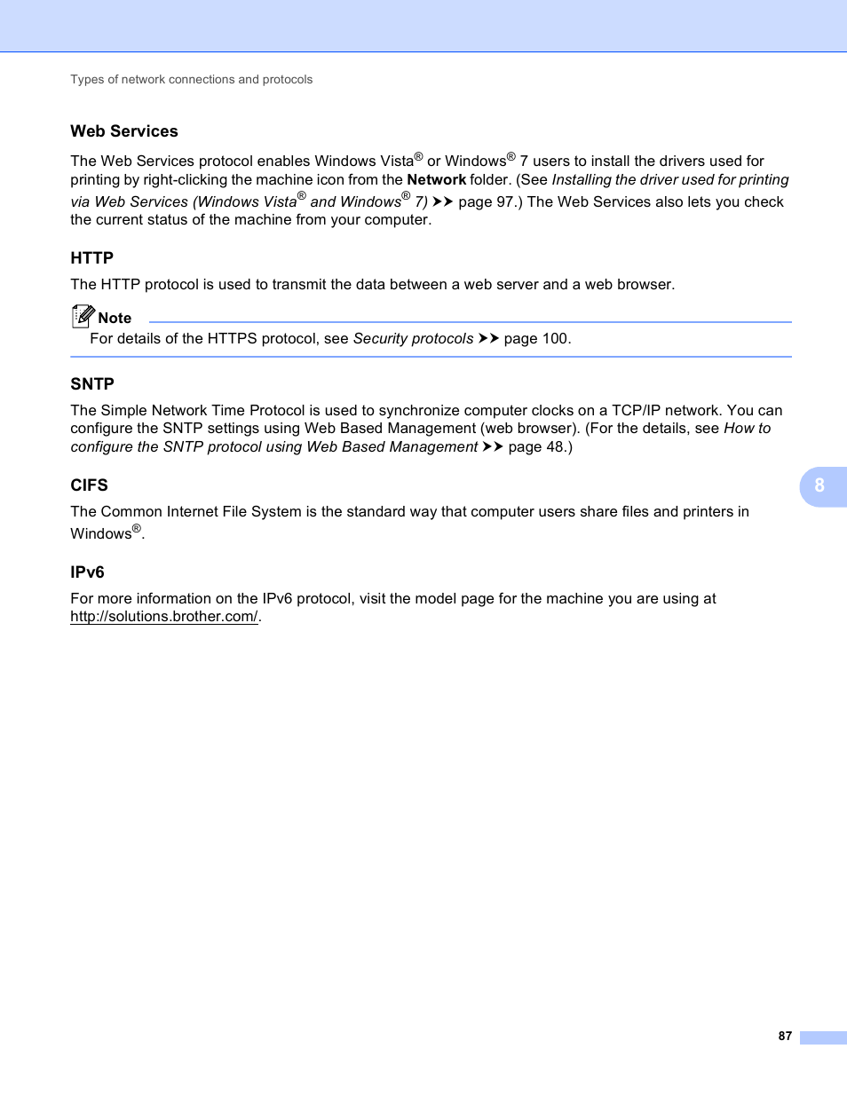 Web services, Http, Sntp | Cifs, Ipv6 | Brother HL-S7000DN User Manual | Page 93 / 117