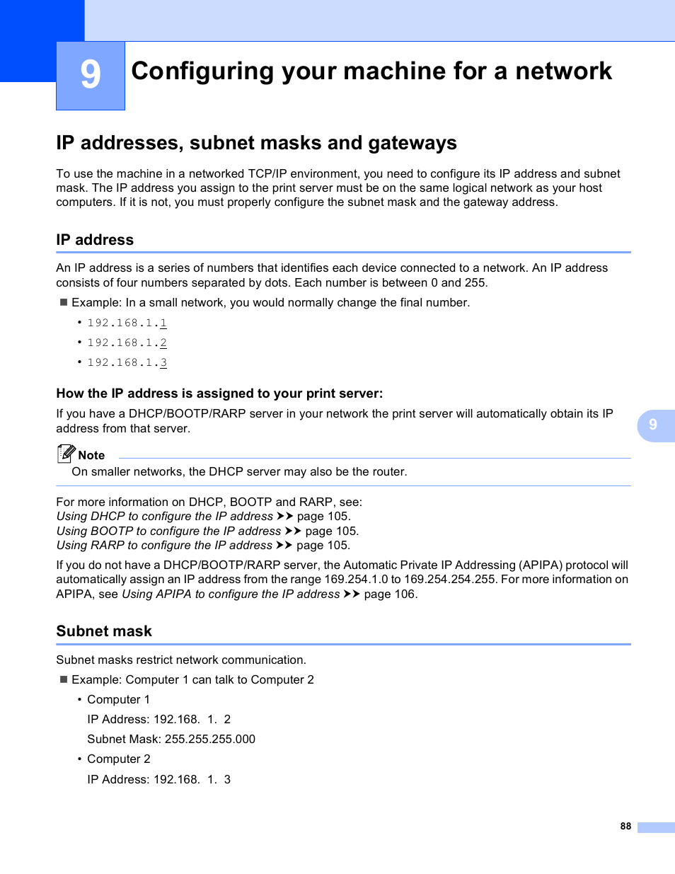 9 configuring your machine for a network, Ip addresses, subnet masks and gateways, Ip address | Subnet mask, Configuring your machine for a network, Ip address subnet mask | Brother HL-S7000DN User Manual | Page 94 / 117