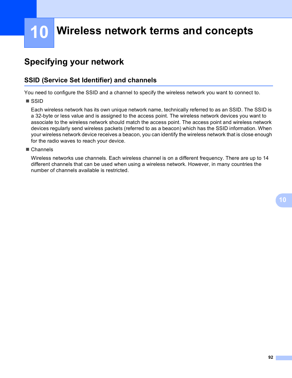 10 wireless network terms and concepts, Specifying your network, Ssid (service set identifier) and channels | Wireless network terms and concepts | Brother HL-S7000DN User Manual | Page 98 / 117