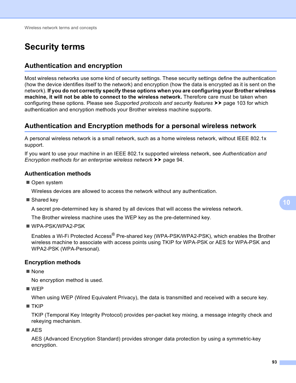 Security terms, Authentication and encryption, Authentication methods | Encryption methods | Brother HL-S7000DN User Manual | Page 99 / 117