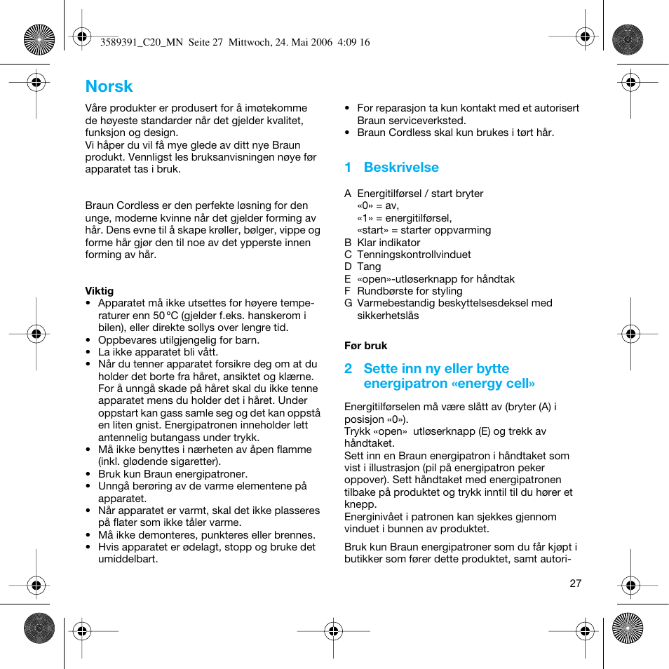 Norsk | Braun C Club Cordless Styler User Manual | Page 26 / 45