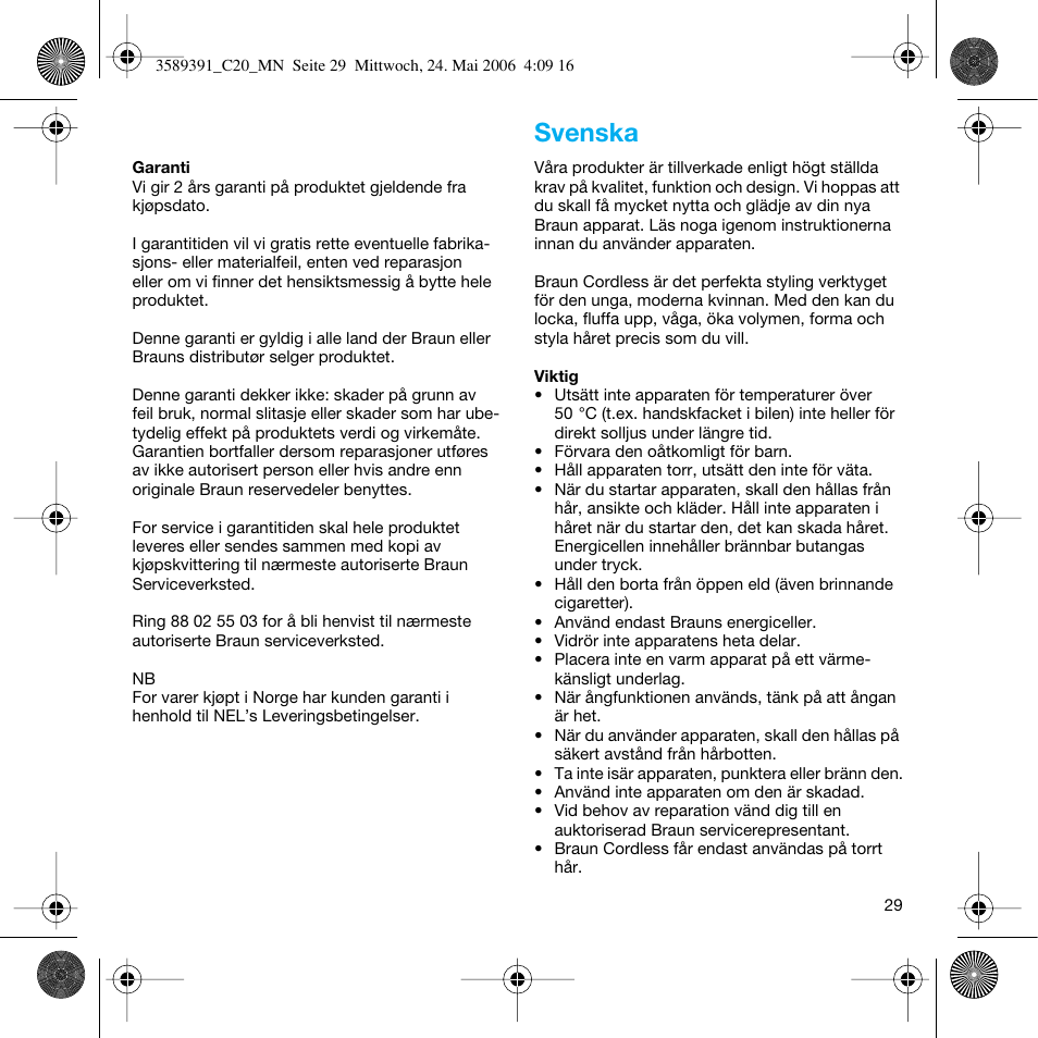 Svenska | Braun C Club Cordless Styler User Manual | Page 28 / 45