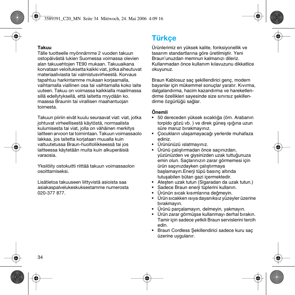 Türkçe | Braun C Club Cordless Styler User Manual | Page 33 / 45