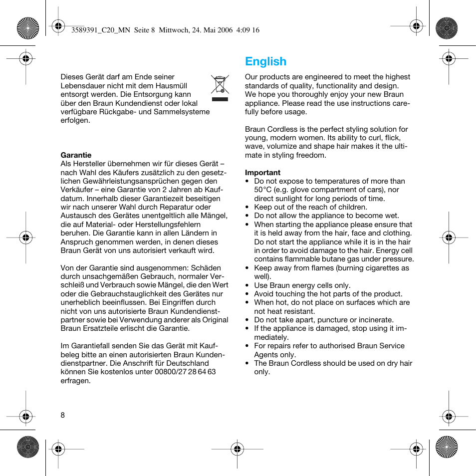 English | Braun C Club Cordless Styler User Manual | Page 7 / 45