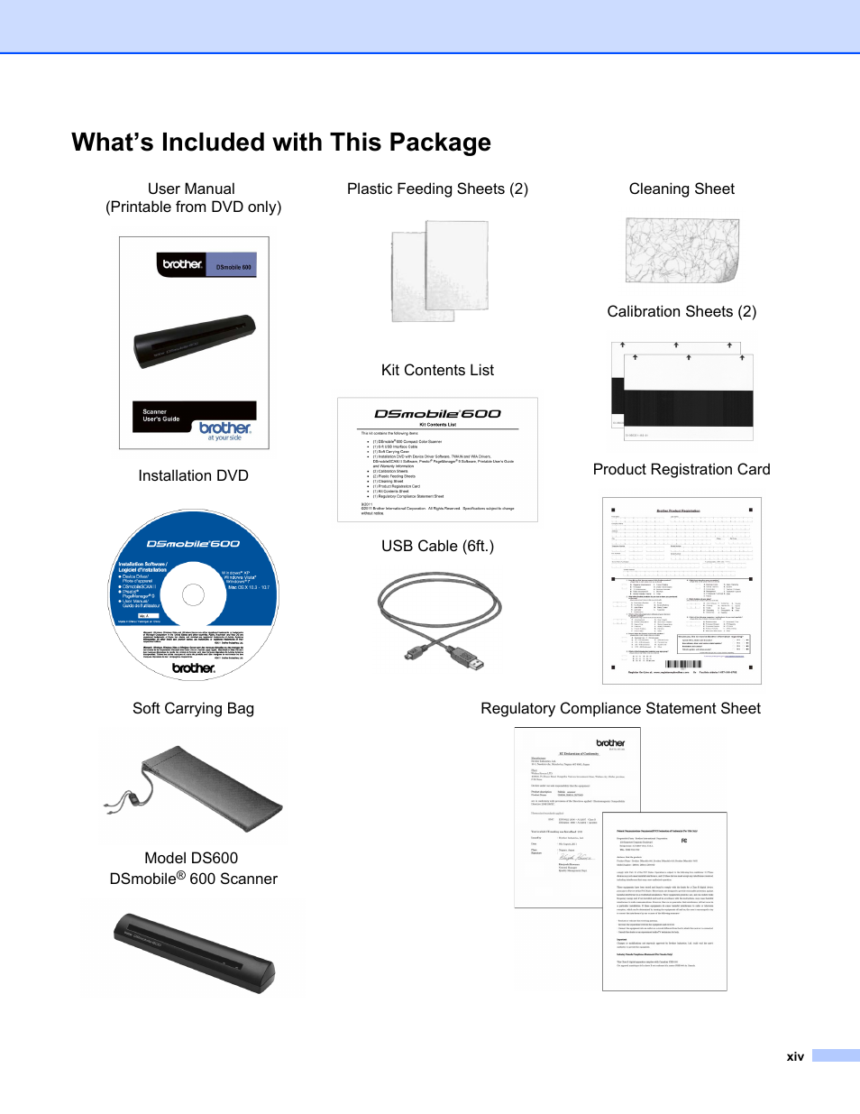 What’s included with this package, User manual (printable from dvd only), Installation dvd | Plastic feeding sheets (2), Kit contents list, Usb cable (6ft.), Cleaning sheet, Calibration sheets (2), Product registration card, Soft carrying bag | Brother DS-600 User Manual | Page 15 / 57