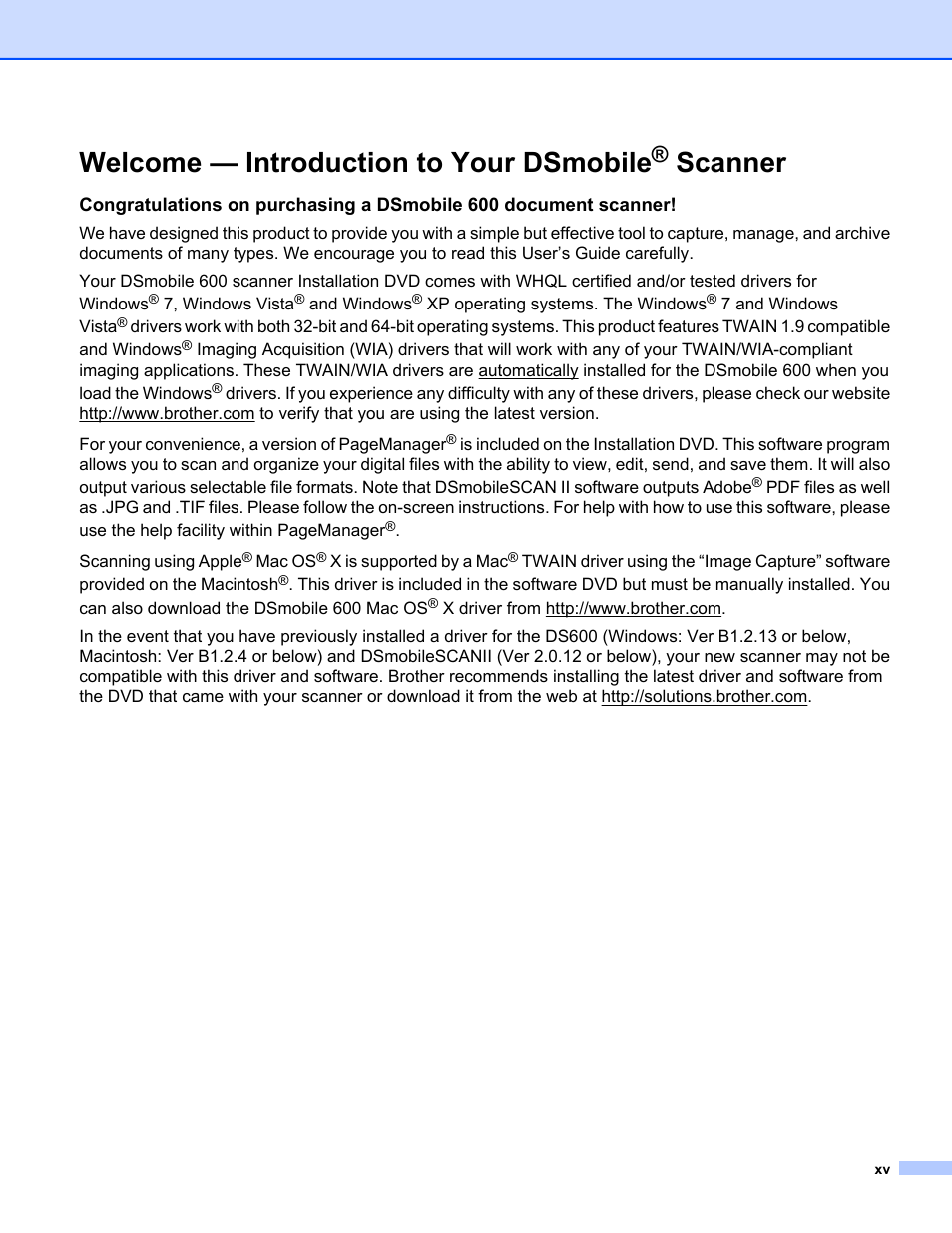 Welcome — introduction to your dsmobile® scanner, Welcome — introduction to your dsmobile, Scanner | Brother DS-600 User Manual | Page 16 / 57