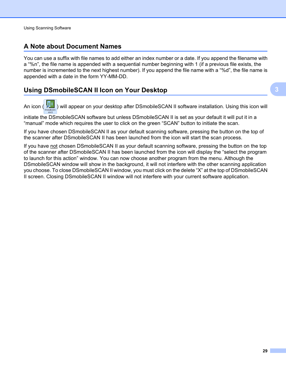 A note about document names, Using dsmobilescan ii icon on your desktop | Brother DS-600 User Manual | Page 47 / 57