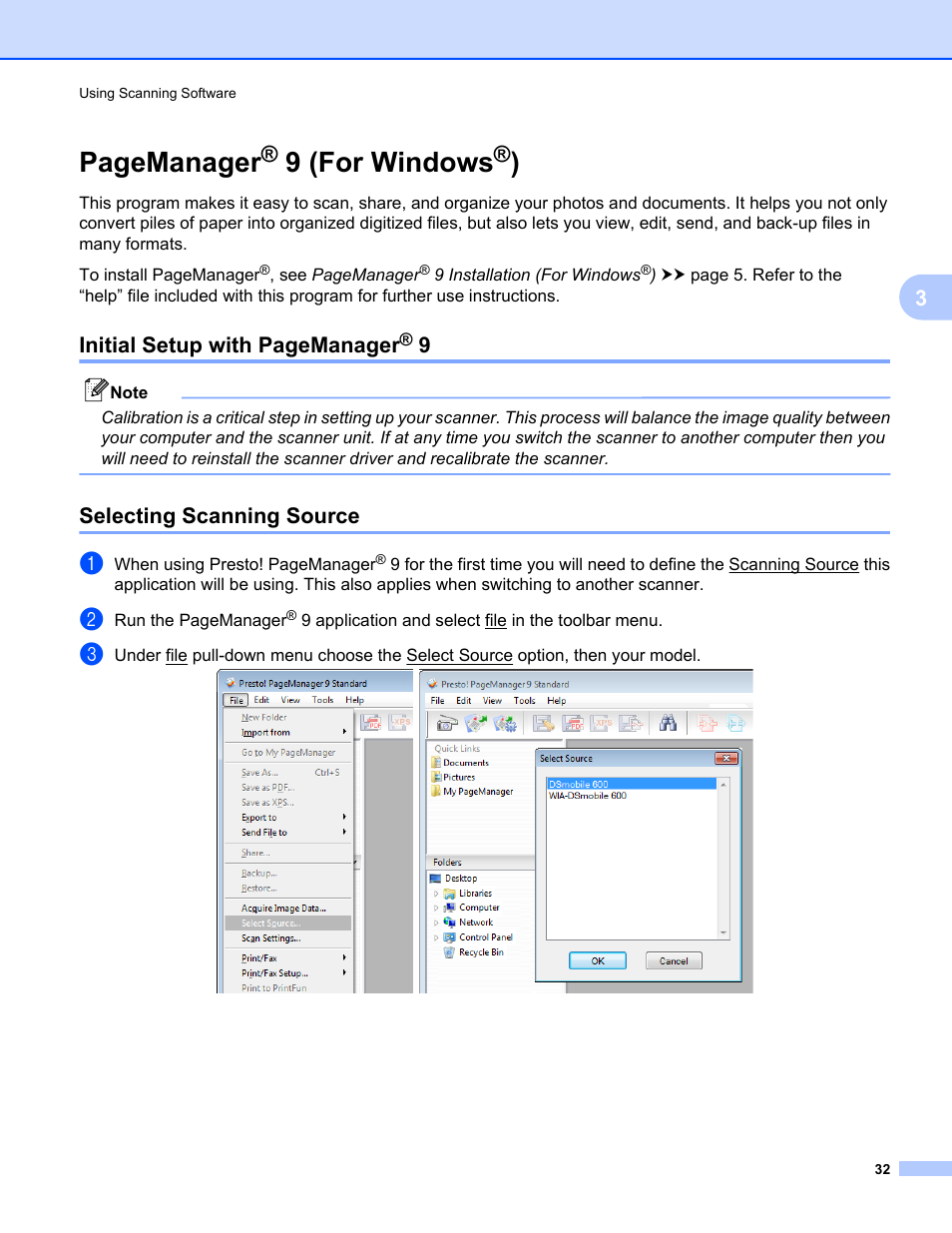 Selecting scanning source, 9 (for windows, Pagemanager | Brother DS-600 User Manual | Page 50 / 57