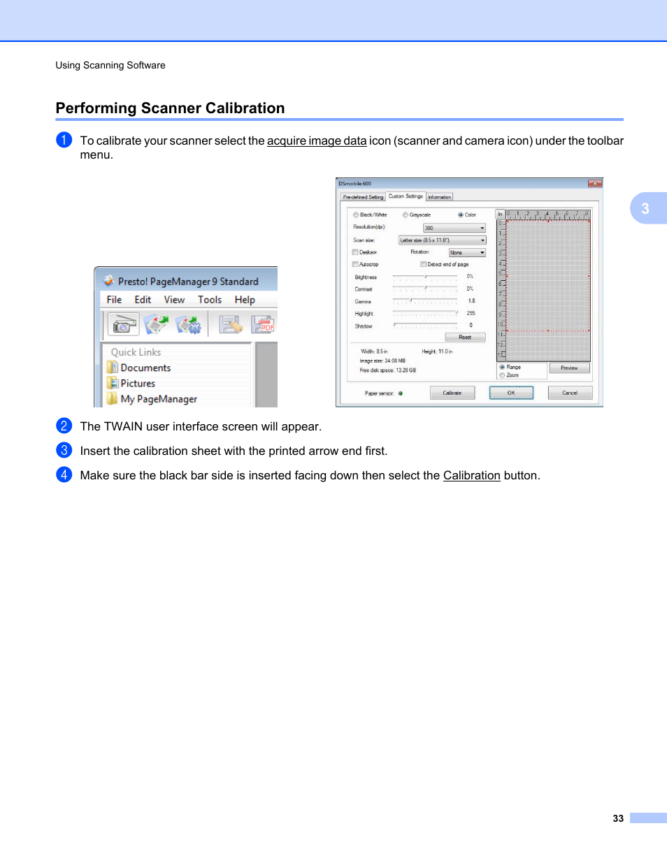 Performing scanner calibration, 3performing scanner calibration | Brother DS-600 User Manual | Page 51 / 57