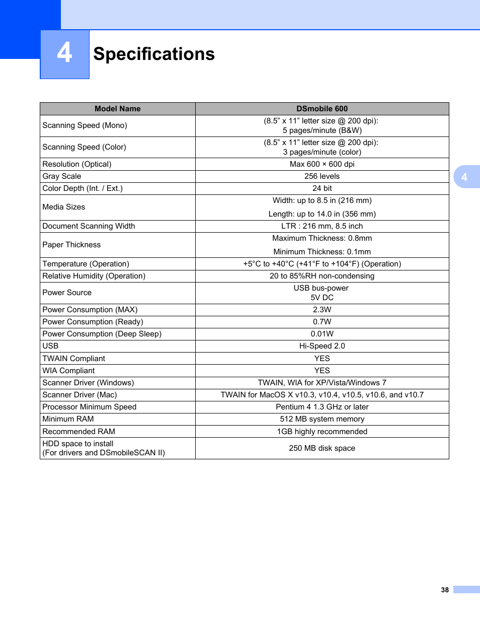 4 specifications, Specifications | Brother DS-600 User Manual | Page 56 / 57