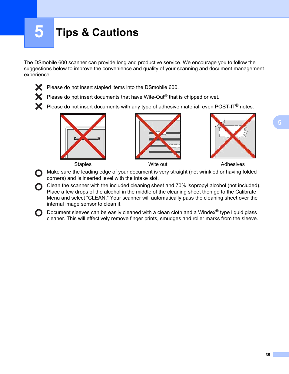 5 tips & cautions, Tips & cautions | Brother DS-600 User Manual | Page 57 / 57