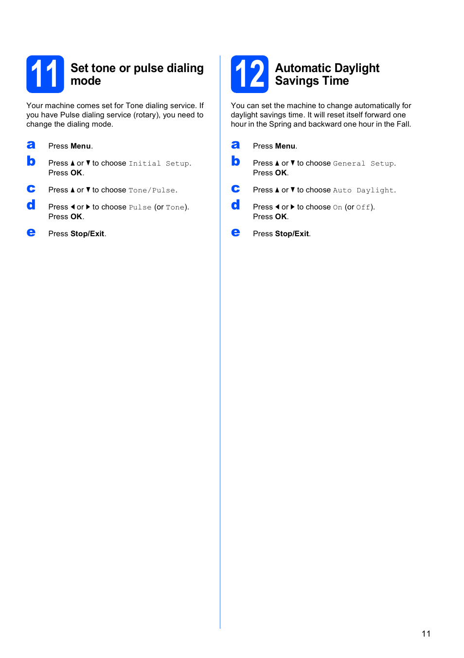 11 set tone or pulse dialing mode, 12 automatic daylight savings time | Brother MFC-6490CW User Manual | Page 11 / 48