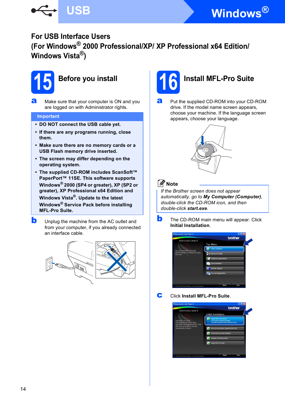 15 before you install, 16 install mfl-pro suite, Windows | Brother MFC-6490CW User Manual | Page 14 / 48