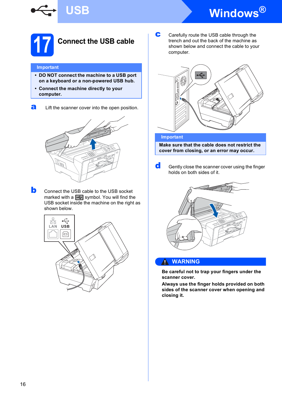 17 connect the usb cable, Windows | Brother MFC-6490CW User Manual | Page 16 / 48