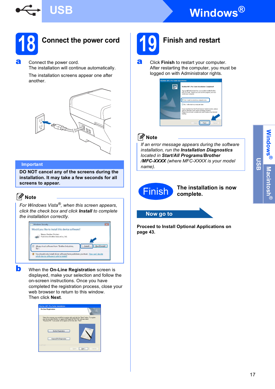 18 connect the power cord, 19 finish and restart, Windows | Finish | Brother MFC-6490CW User Manual | Page 17 / 48