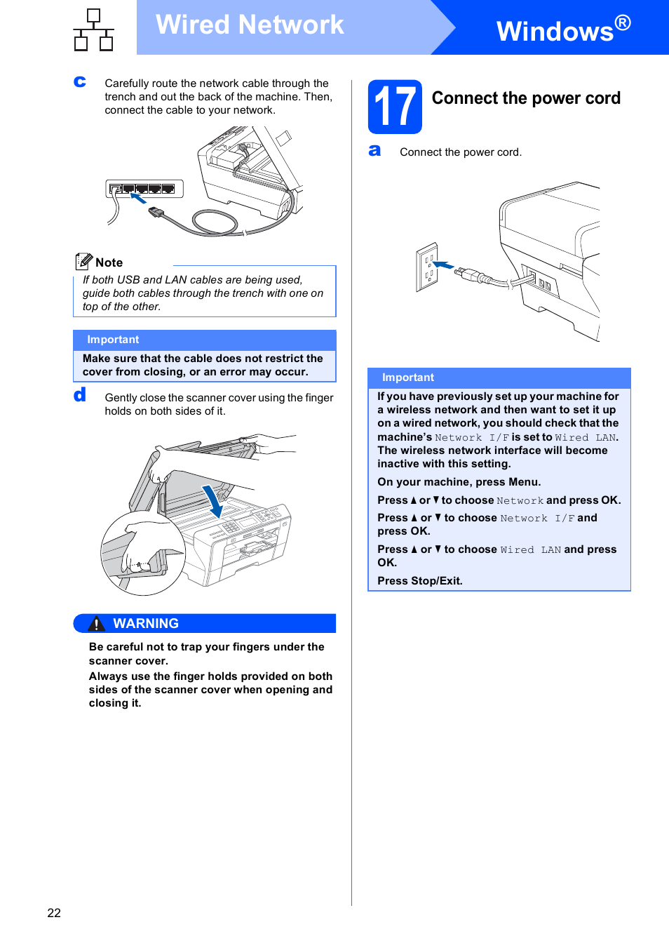 17 connect the power cord, Windows, Wired network | Brother MFC-6490CW User Manual | Page 22 / 48