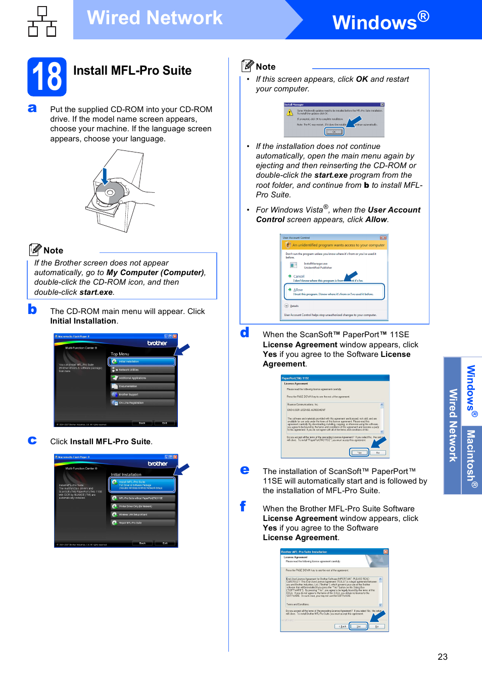 18 install mfl-pro suite, Windows, Wired network | Install mfl-pro suite | Brother MFC-6490CW User Manual | Page 23 / 48