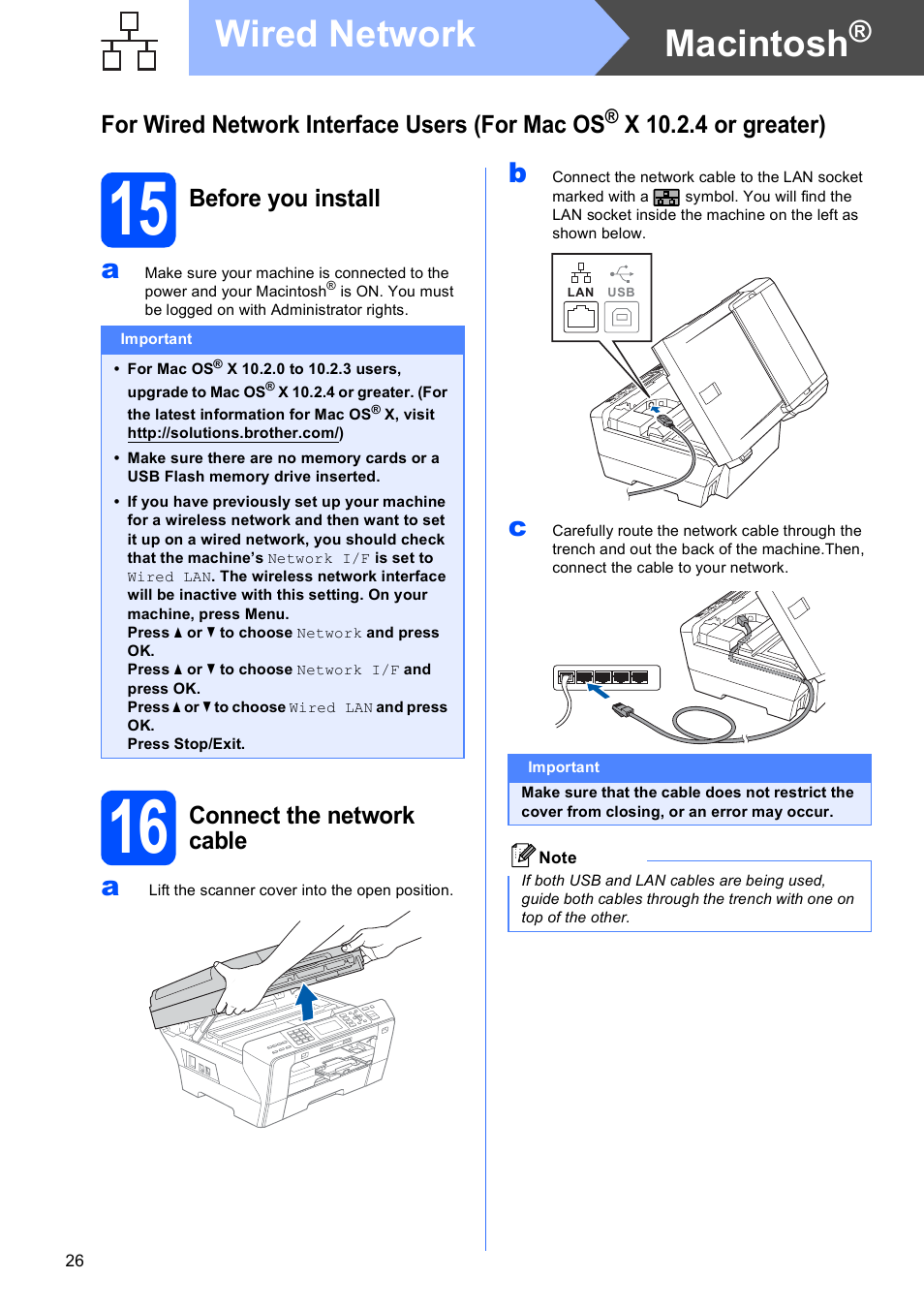 15 before you install, 16 connect the network cable, Macintosh | Wired network, For wired network interface users (for mac os, X 10.2.4 or greater), Before you install, Connect the network cable | Brother MFC-6490CW User Manual | Page 26 / 48