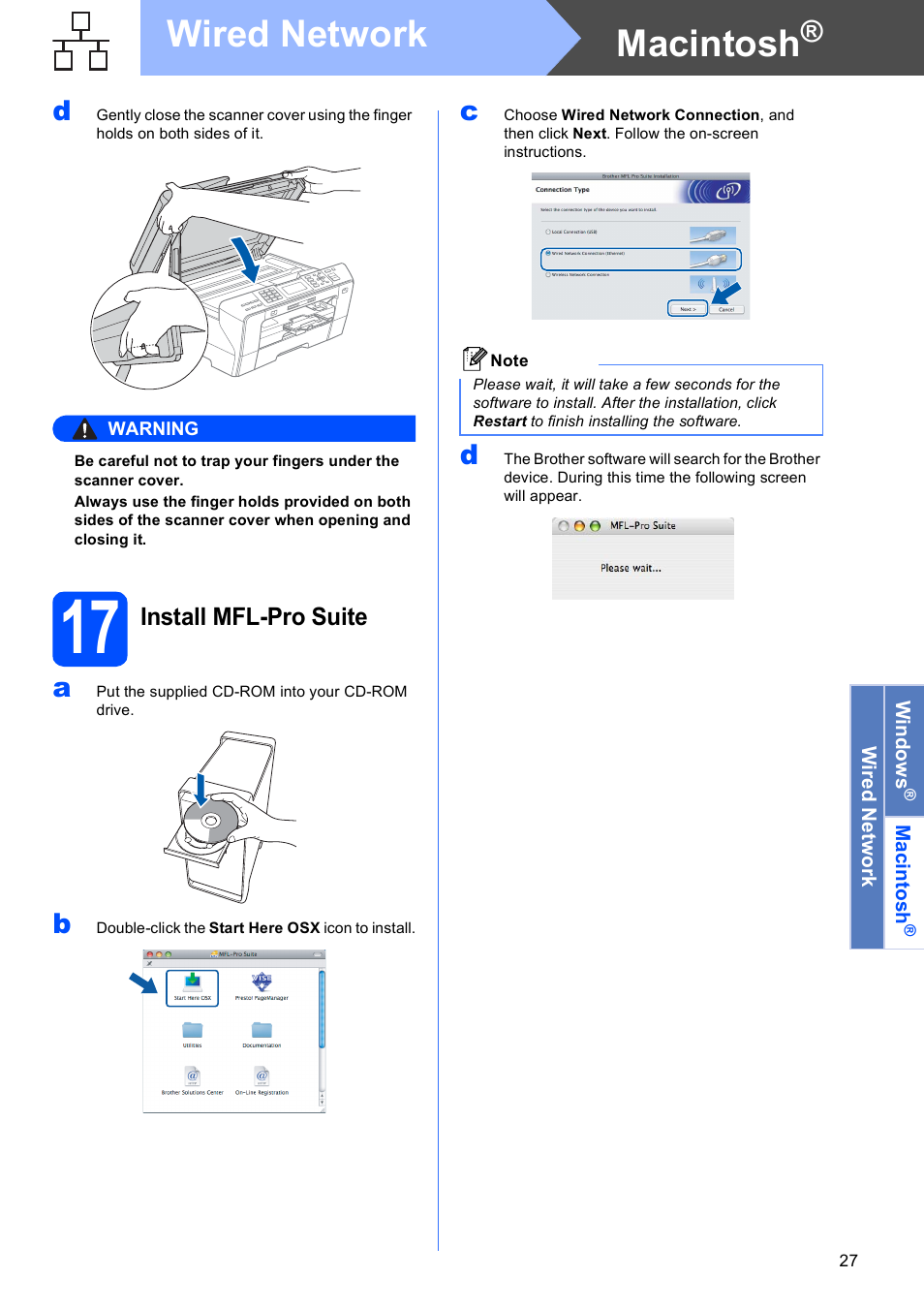 17 install mfl-pro suite, Macintosh, Wired network | Brother MFC-6490CW User Manual | Page 27 / 48
