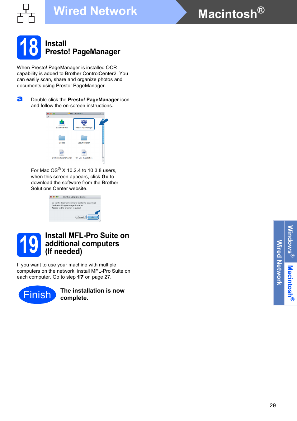 18 on, Macintosh, Wired network | Finish | Brother MFC-6490CW User Manual | Page 29 / 48