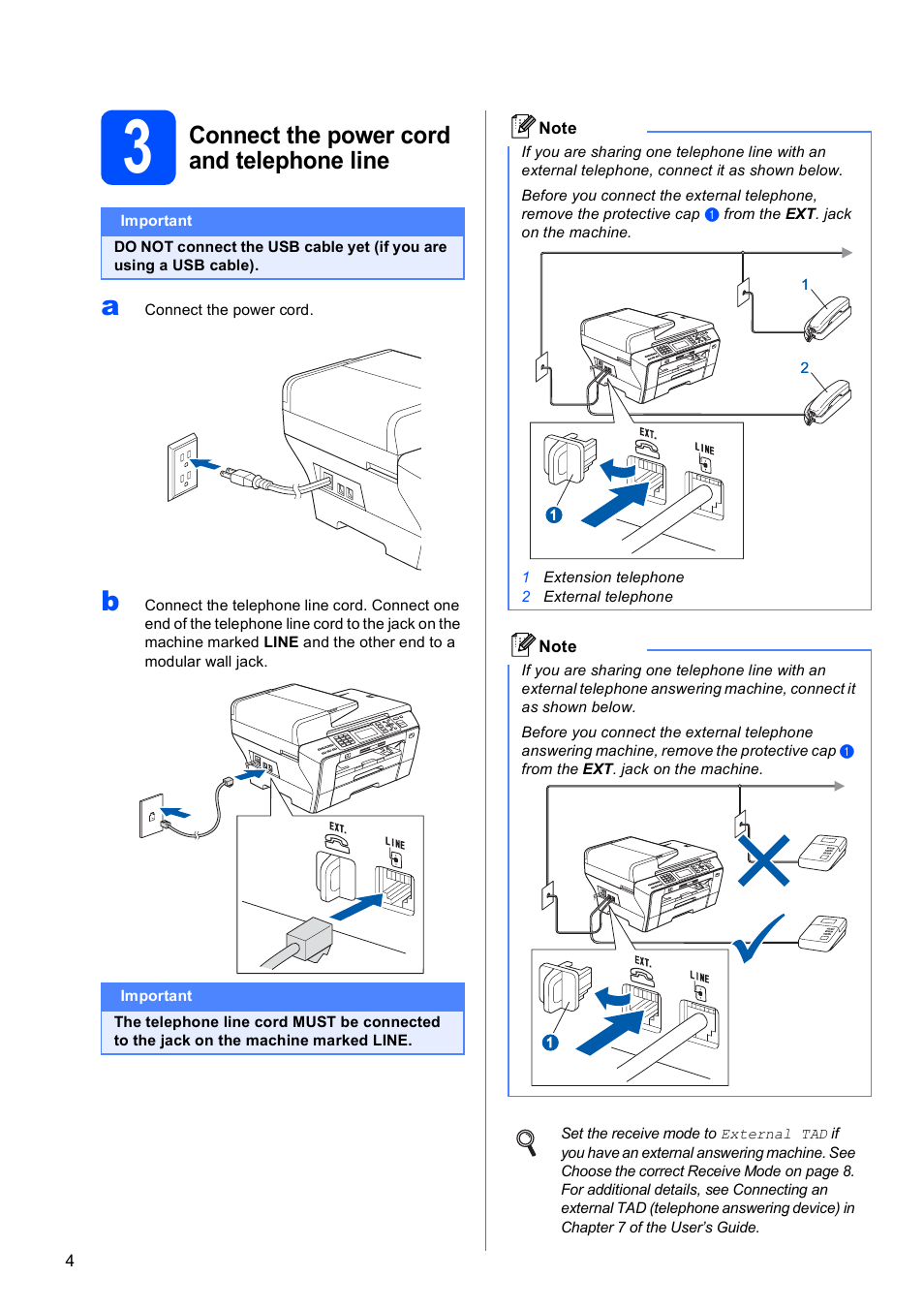 3 connect the power cord and telephone line, Connect the power cord and telephone line | Brother MFC-6490CW User Manual | Page 4 / 48