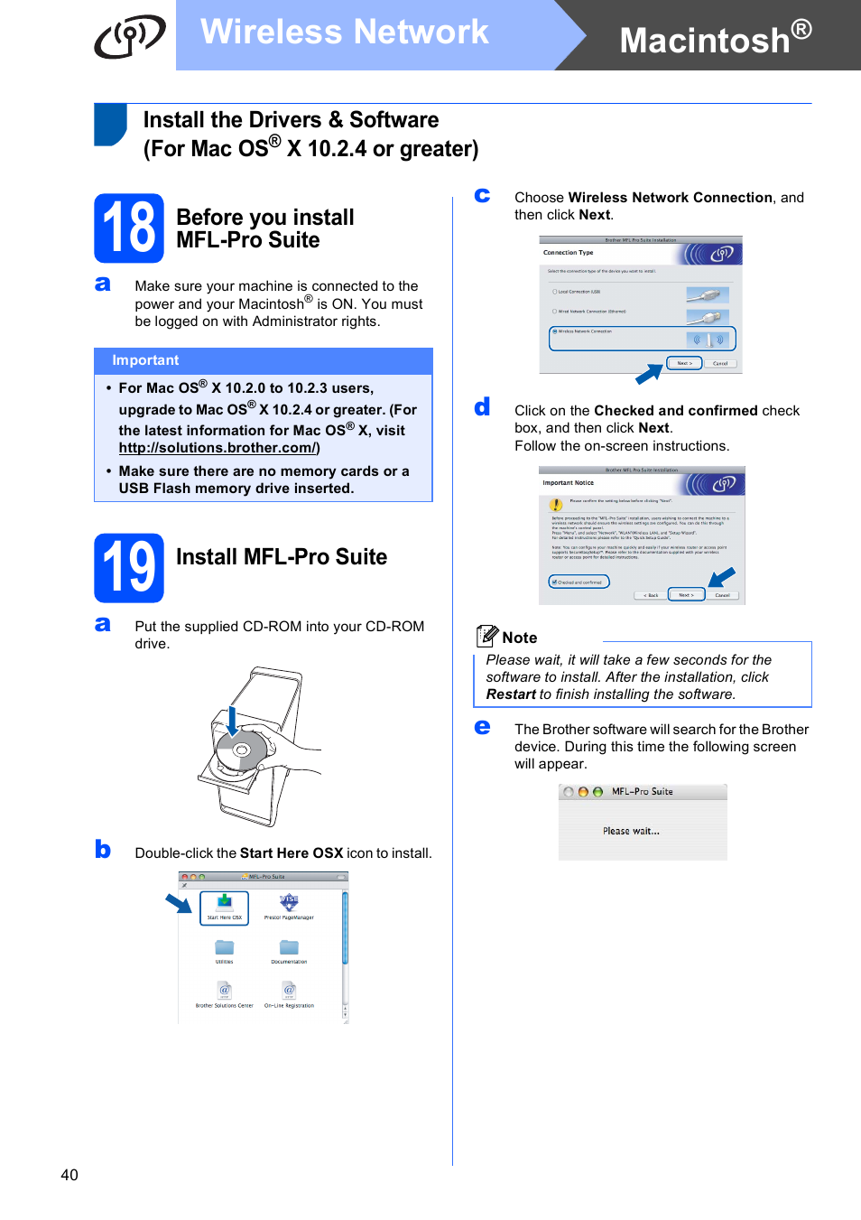18 before you install mfl-pro suite, 19 install mfl-pro suite, E 40 | Macintosh, Wireless network, Install the drivers & software (for mac os, X 10.2.4 or greater), Before you install mfl-pro suite, Install mfl-pro suite | Brother MFC-6490CW User Manual | Page 40 / 48
