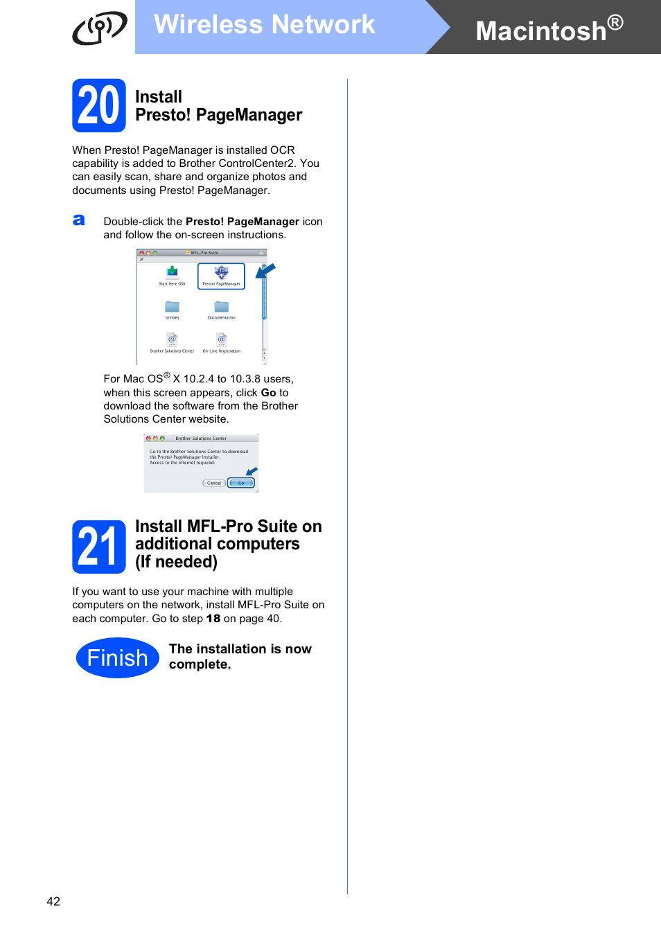 20 on, Macintosh, Wireless network | Finish | Brother MFC-6490CW User Manual | Page 42 / 48