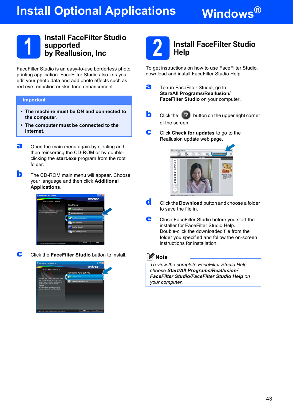 Install optional applications windows, 2 install facefilter studio help, Windows | Install optional applications | Brother MFC-6490CW User Manual | Page 43 / 48