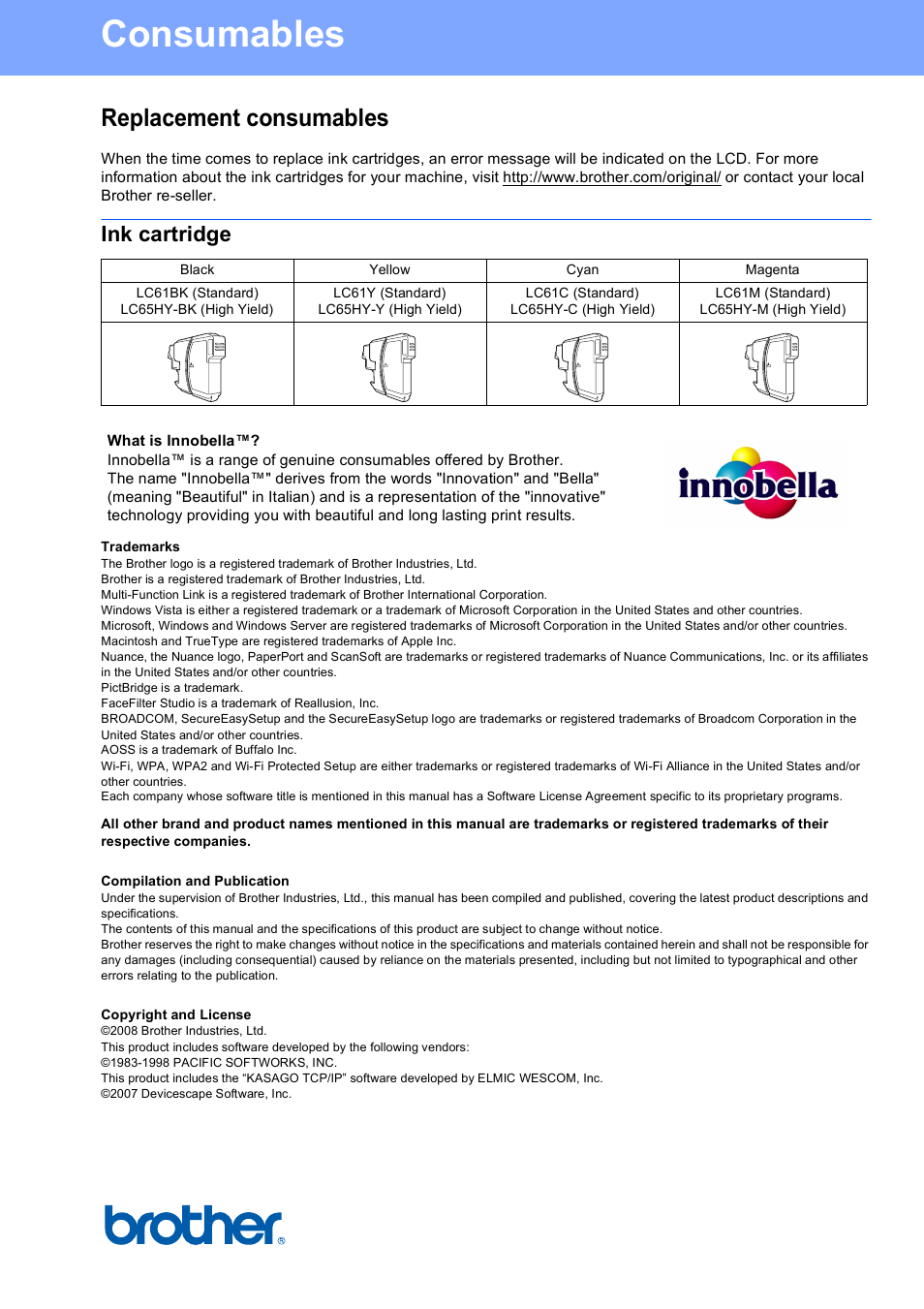 Consumables, Replacement consumables, Ink cartridge | Brother usa/can | Brother MFC-6490CW User Manual | Page 48 / 48