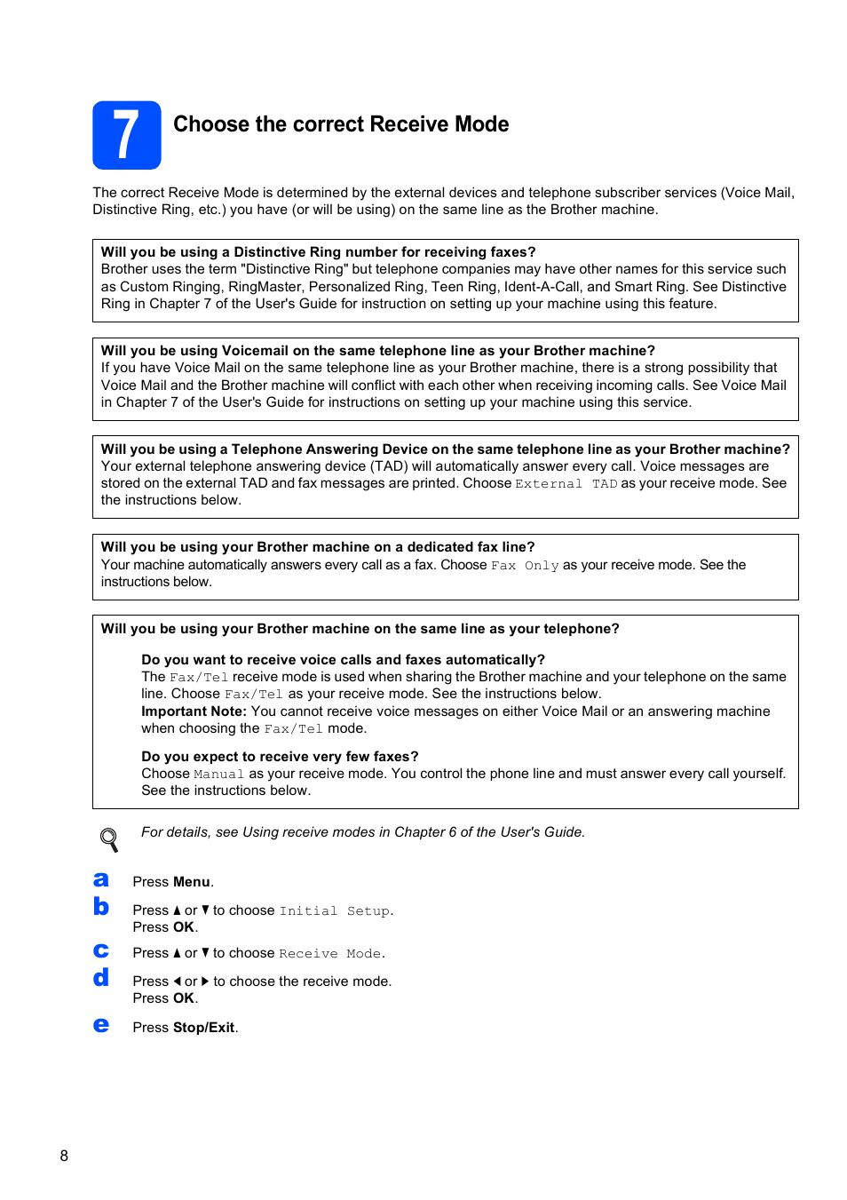 7 choose the correct receive mode, Choose the correct receive mode | Brother MFC-6490CW User Manual | Page 8 / 48