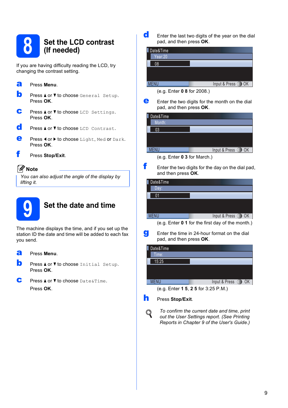 8 set the lcd contrast (if needed), 9 set the date and time, Set the lcd contrast (if needed) | Set the date and time | Brother MFC-6490CW User Manual | Page 9 / 48
