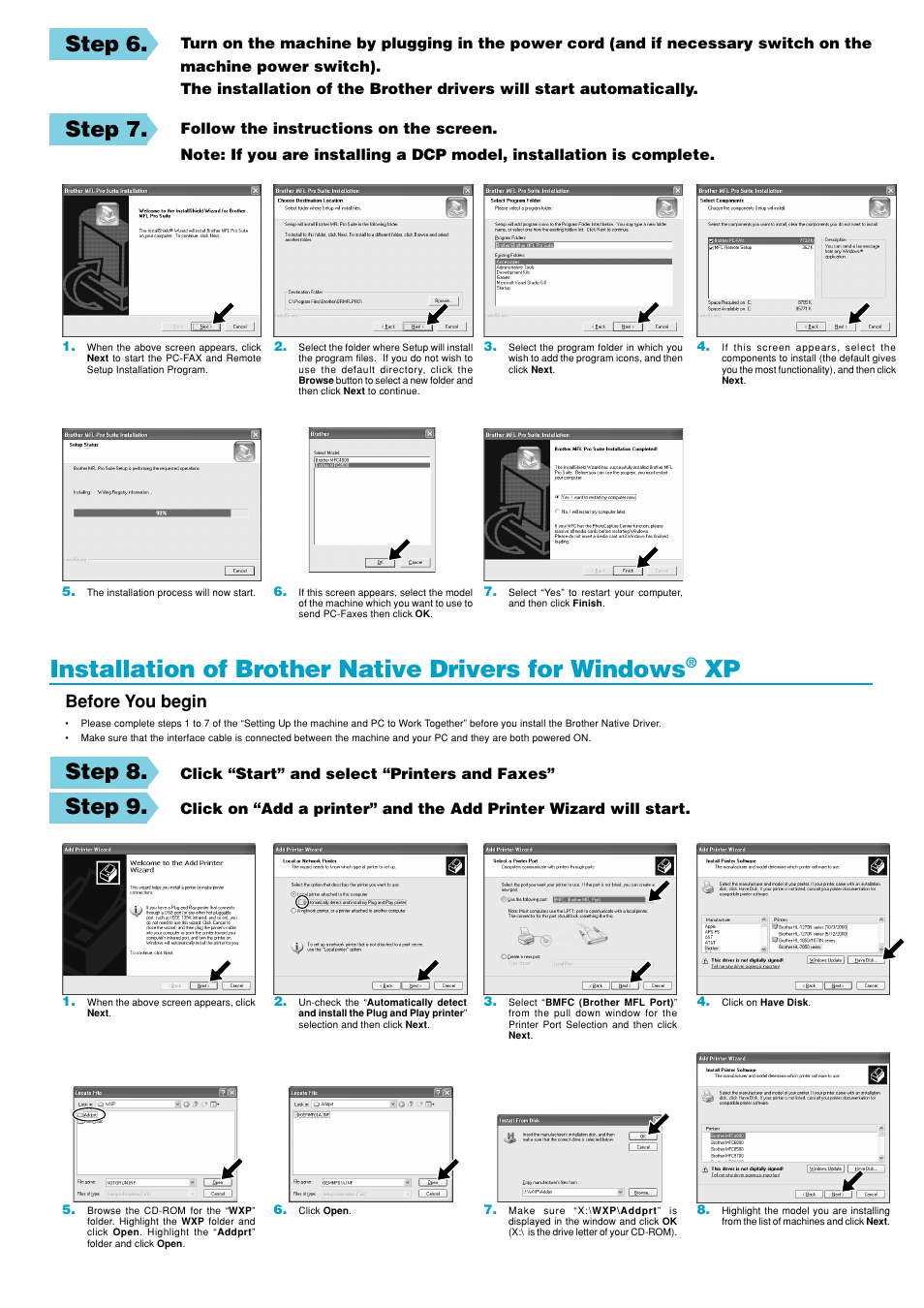 Installation of brother native drivers for windows, Step 6, Step 7 | Step 8, Step 9, Before you begin | Brother FAX-4750e User Manual | Page 2 / 3