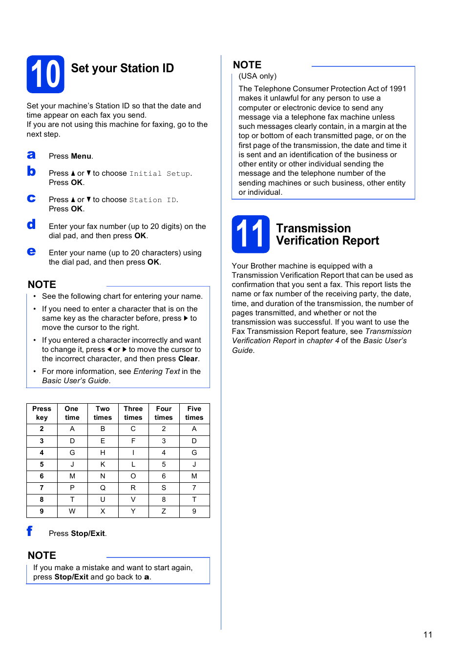 10 set your station id, 11 transmission verification report, Set your station id | Transmission verification report | Brother MFC-J470DW User Manual | Page 11 / 36