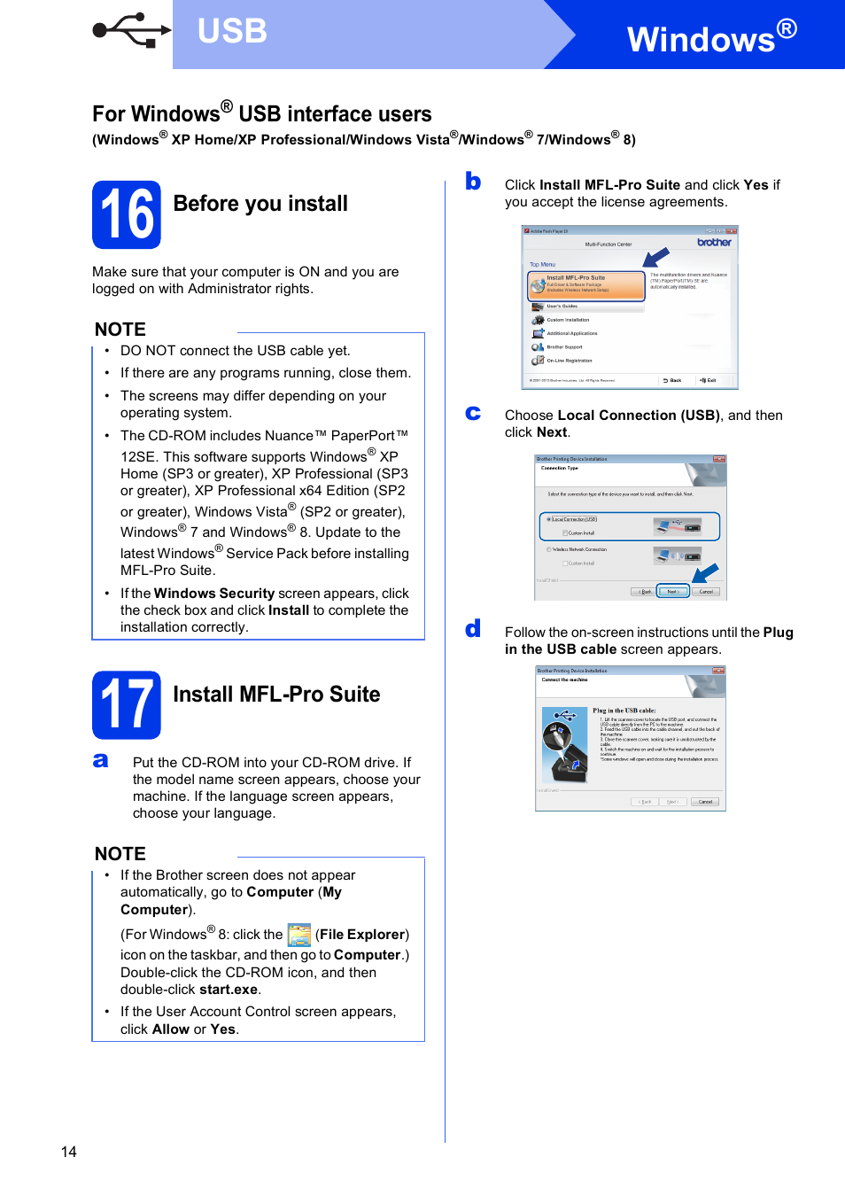 16 before you install, 17 install mfl-pro suite, Windows | For windows, Usb interface users, Before you install, Install mfl-pro suite | Brother MFC-J470DW User Manual | Page 14 / 36